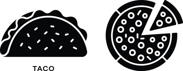 Taco and Pizza Black Glyph Icons on White Background Illustration