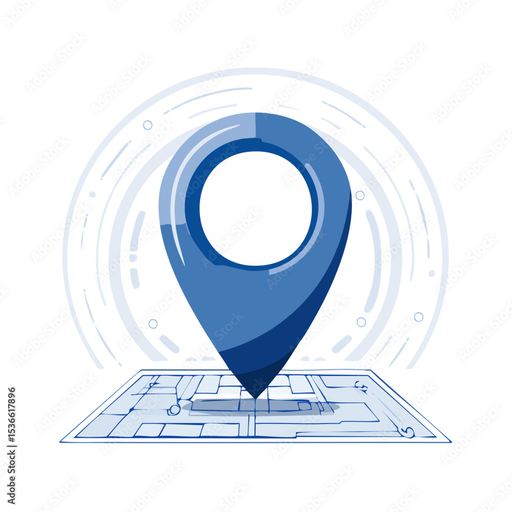 Poster blue location pin on a stylized map illustrating navigation and destination concepts