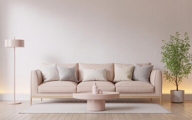 Light Pink Living Room With Neutral Tones and Natural Plant