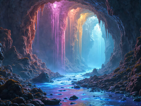 "A massive underground cave illuminated by crystal formations and refracted beams of rainbow light, with a glowing river and colorful mist swirling through the air — fantasy cave system, magical ecosy