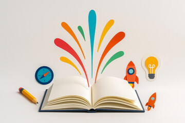 Minimalist photo featuring an open book on white with pencil, rocket, compass, and abstract shapes