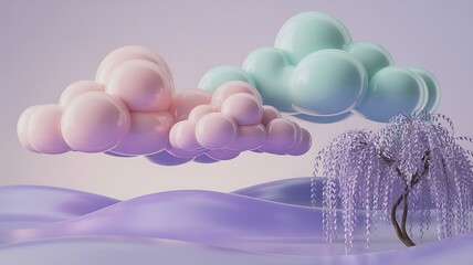 Dreamy Pastel Landscape with Clouds and Weeping Willow Tree