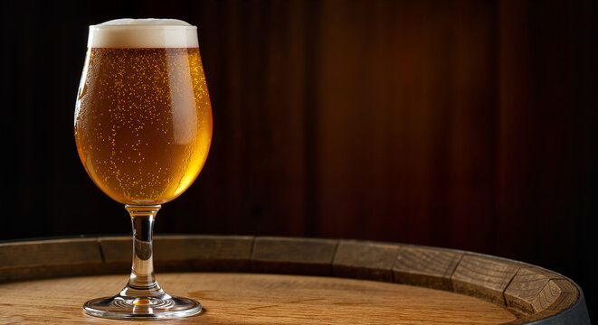Golden ale in elegant glass goblet on wooden barrel perfect for craft beer appreciation content for International Beer Day