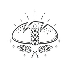 Artisanal bread loaf and wheat grain stalks emblem illustration food product bakery wheat flour symbol black and white minimalist drawing