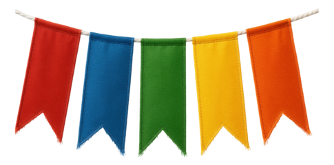 Colorful fabric pennant banner with red, blue, green, yellow, and orange flags hanging on a string on transparent background.