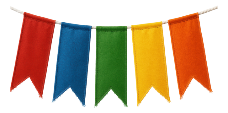 Colorful fabric pennant banner with red, blue, green, yellow, and orange flags hanging on a string on transparent background.