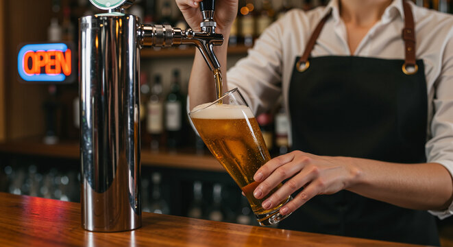 Woman bartender pouring draft beer from tap perfect for craft brewing service content for International Beer Day