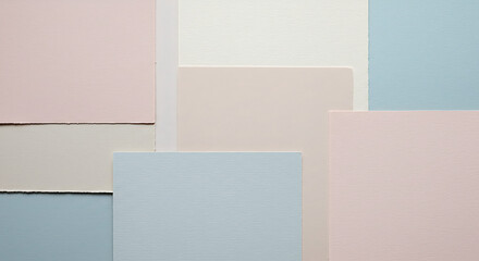 Naklejka premium Pastel Color Palette: A serene arrangement of pastel-colored paper sheets in soft pink, light blue, and beige shades, creating a calming and minimalist visual composition.