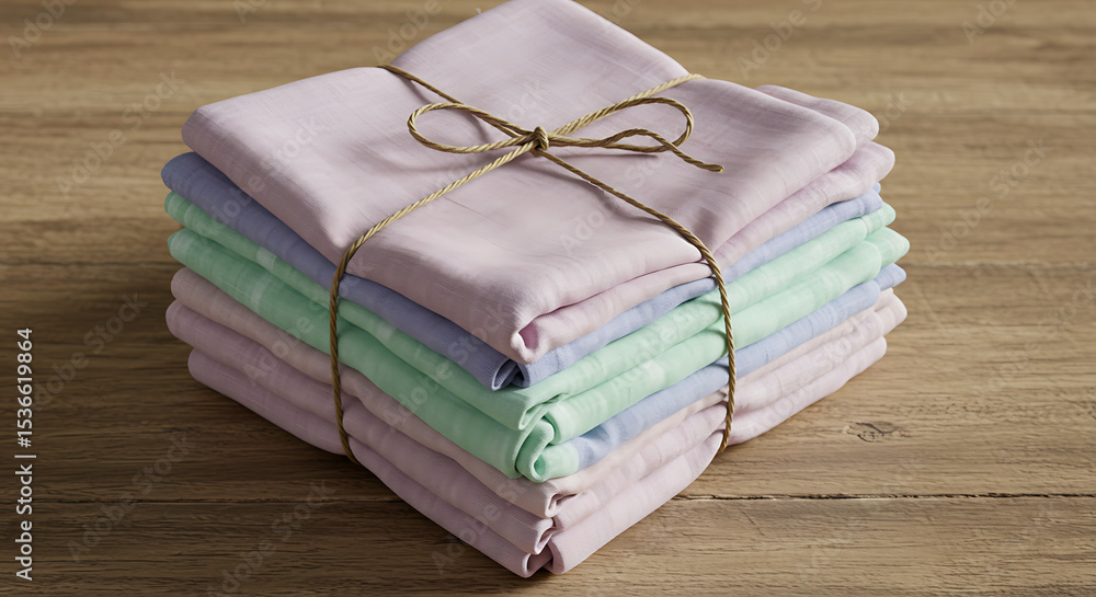 Poster stack of colorful fabric napkins: a stack of pastel colored fabric napkins bound with twine rests el