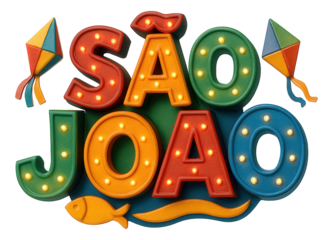 Colorful illuminated letters spelling "Sao Joao" with kites and decorative elements on transparent background.
