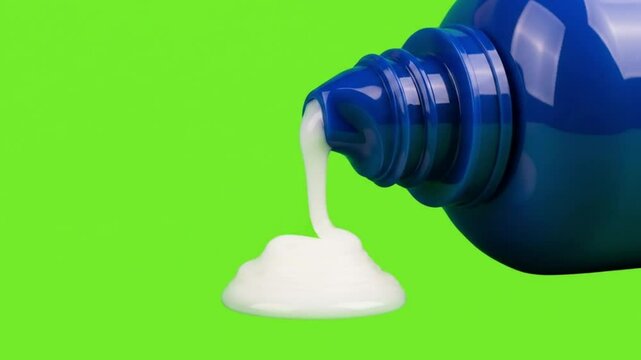 Pouring white glue from blue bottle isolated on green screen