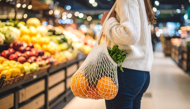 Woman shopping groceries with reusable bag at the supermarket with healthy food.