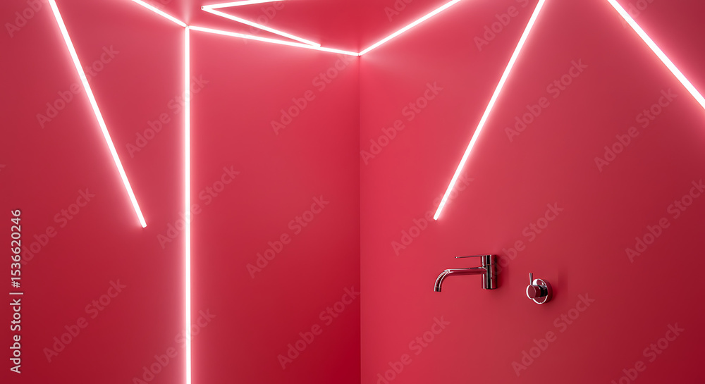 Poster neon lines in crimson: interior architectural details feature a unique lighting design, highlighting