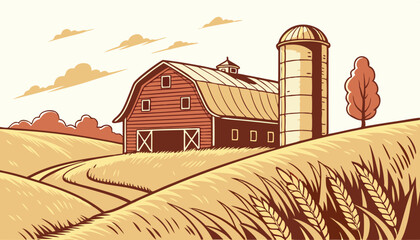 Red barn with silo and golden wheat field rural farm landscape vector illustration          