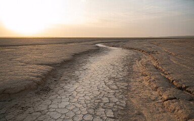Fototapeta premium Barren Landscape with Cracked Earth Stretching Towards the Horizon