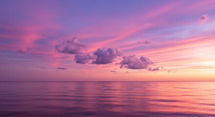 Sunset Serenity: Tranquil seascape at dusk, sky ablaze with vibrant pink and purple hues, clouds softly mirrored in the calm ocean.