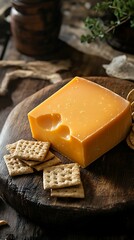 Cheese and crackers on wooden board