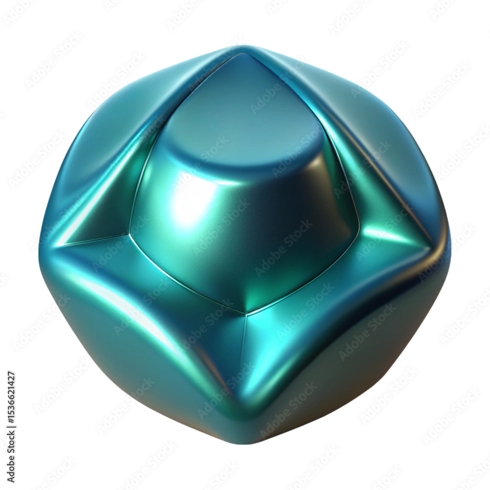 Poster abstract rendered teal orb with smooth metallic surface and reflected light against black background