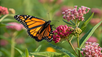 Fototapeta premium A beautiful monarch butterfly with orange and black wings feeds on a pink flower in a summer garden