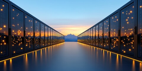 Illuminated Server Racks Extend Towards Distant Mountains