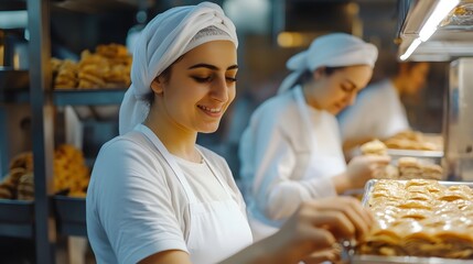 Pastry chefs meticulously arranging baklava in a bakery.