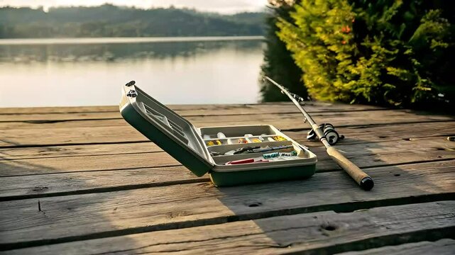 rod twitches slightly as a breeze rustles the air, tackle box lid creaks open gently on a rustic wooden surface, gear scattering lightly Camera zooms in