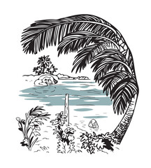 seascape with palm tree vector sketch