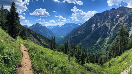Fototapeta premium A scenic mountain landscape with green trees and blue skies