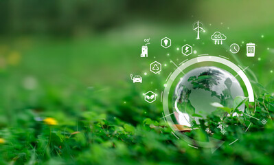 Sustainable Future: Earth Globe Surrounded by Green Energy Solutions