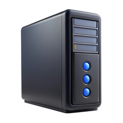 Modern black server computer illustration featuring glowing blue indicator lights on transparent background