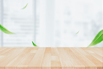 Product Display Mockup: Natural Wood Surface with Fresh Leaves