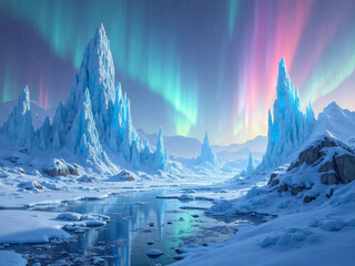 "A vast icy tundra with towering spires of transparent blue crystal, with multicolored auroras dancing above and reflecting off the surfaces, magical frost particles floating in the air — arctic fanta