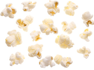 Flying popcorn isolated. Fresh popcorn flakes on a white background.