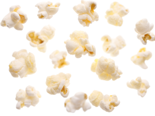 Flying popcorn isolated. Fresh popcorn flakes on a white background.