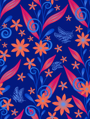 Seamless Tropical Floral Pattern with Butterflies on Blue Background