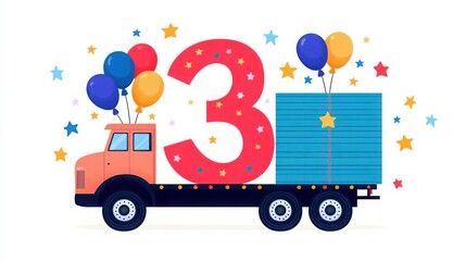 Fototapeta premium Colorful Vector Illustration of a Truck Hauling Celebration with Number Three Symbol