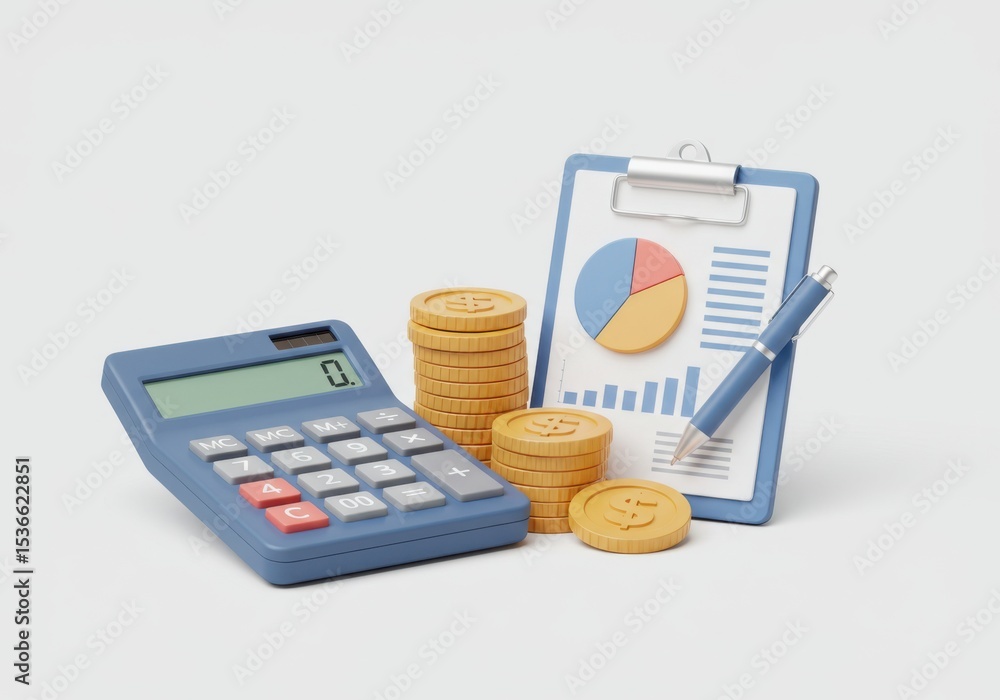 Poster a calculator with coins and a clipboard with a chart on a plain background