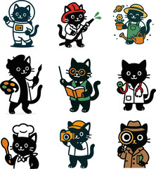 Cute Cat Character in Professions Icon Set