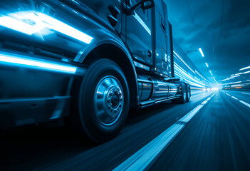 High speed close up of a futuristic truck moving rapidly on highway at night with light trails