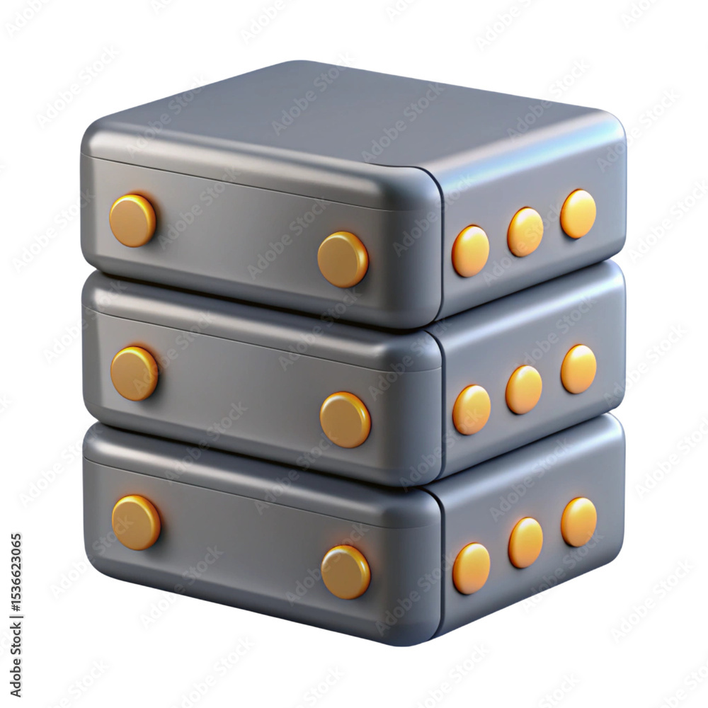 Poster stacked metallic computer servers with gold accents illustrating data storage and processing