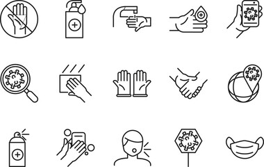 Essential Hygiene Icons Prevention, Cleaning, and Protection Line Art Graphics for Websites and Applications