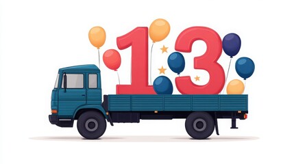 Fototapeta premium Colorful Macro Illustration of Truck Hauling Festive Balloons and Numbers