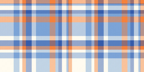 Vibrant summery plaid pattern in blue, orange  cream. Perfect for textile design, fashion, home decor, or website backgrounds.  This cheerful, classic texture evokes feelings of warmth and comfort.