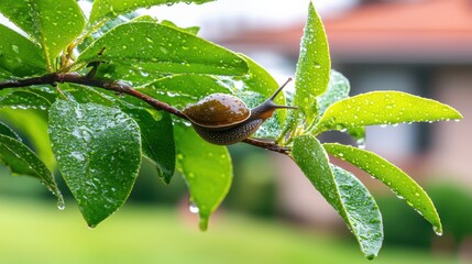 Sluggish Snail Crawling on Lush Green Leaf After Rainfall
