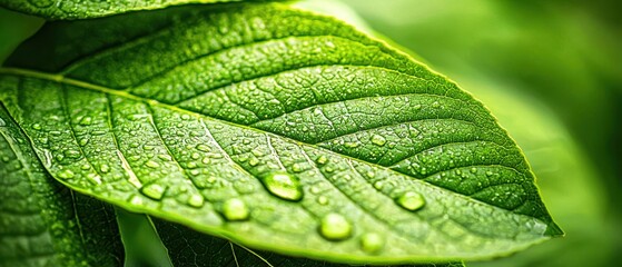 Fresh Green Leaf with Water Droplets Close-up Nature Photography