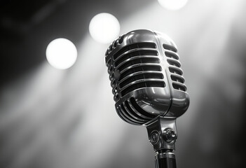 Close up of a vintage studio microphone with blurred light spots in background
