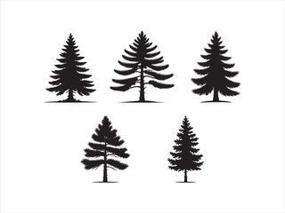 Collection of five black silhouette pine trees