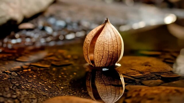 Delicate physalis alkekengi husk with intricate veins reflecting in shallow water, creating a symmetrical composition with blurred background.