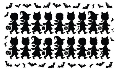 Silhouette of kids trick or treating on halloween