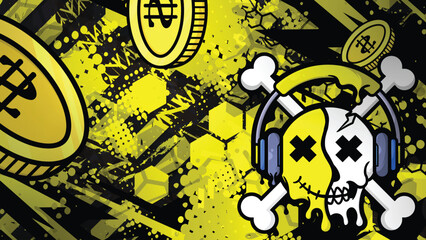 Skull Crypto Headphones with Yellow Black Abstract Background